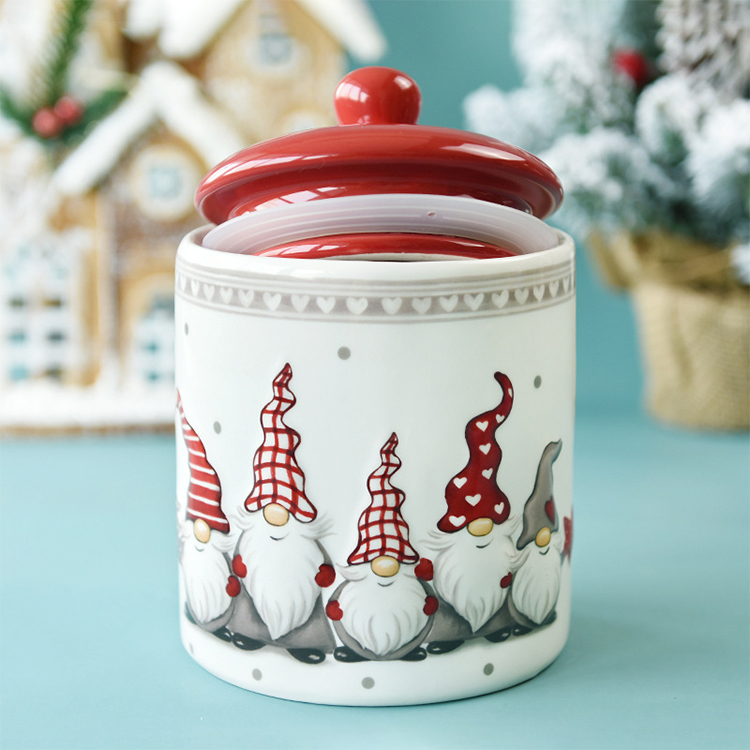 Wholesales custom Christmas ceramic storage cookie jar food coffee tea sugar candy jug with red seal ceramic lid