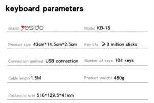 KB18 Yesido 104 Full-<strong>Size</strong> Wired <strong>Keyboard</strong> and Mouse Set Compact <strong>Layout</strong> with 1.5M Cable USB Connection - Product Image 5