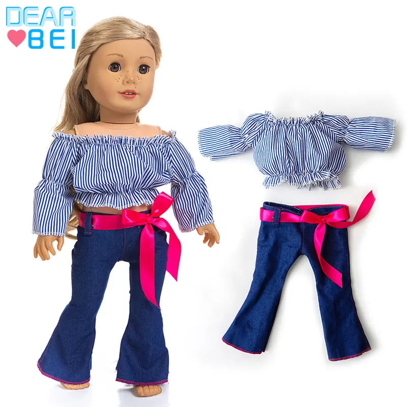 Top listrado + calças largas reborn, roupas para boneca de bebê, conjunto de roupas de boneca, ombro plano, elegante e adorável, roupas de boneca de brinquedo