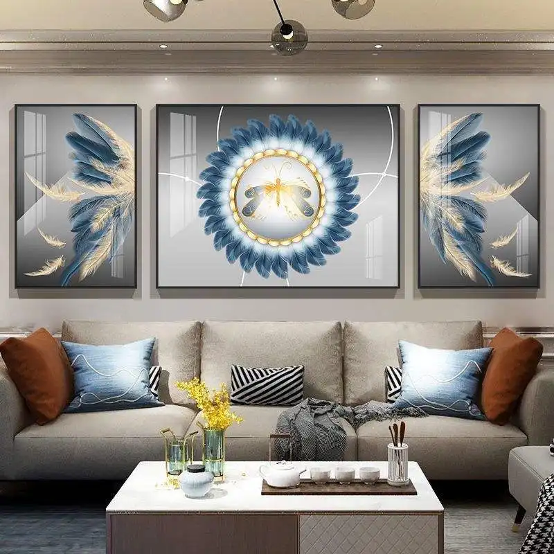 Pintura decorativa para sala de estar, tríptico abstracto simple con plumas de lujo, pintura de porcelana de cristal