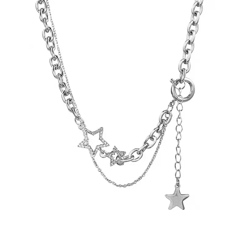 Collana di moda con strass a cinque punte a stella in acciaio inossidabile brillante pentagramma collana girocollo con nappe a doppio strato da donna