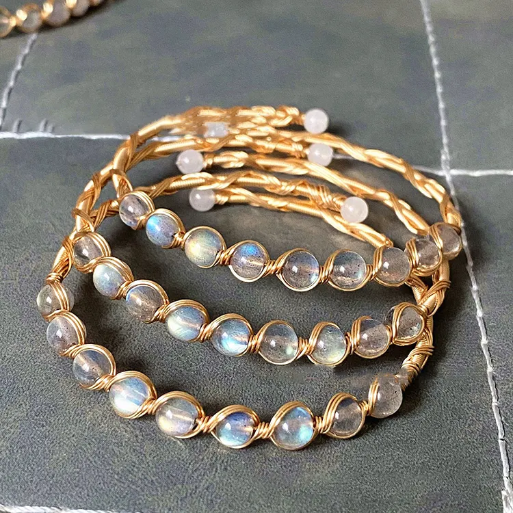 Naturstein Armband Frauen Custom 14 Karat Gold handgemachte Wickel perle Armreif hand gefertigten Schmuck Öffnung Kristall Armband