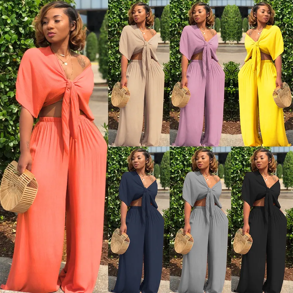 Hot selling spring 2023 women's clothing solid colors wide leg pant v-neck crop top 2 piece women clothes sexy two piece set