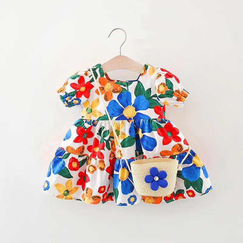 Vestido de algodón de manga corta con flores para niña, vestido de algodón de estilo coreano, cesta de bambú con flores, bolsa para bebé, novedad de verano de 2023