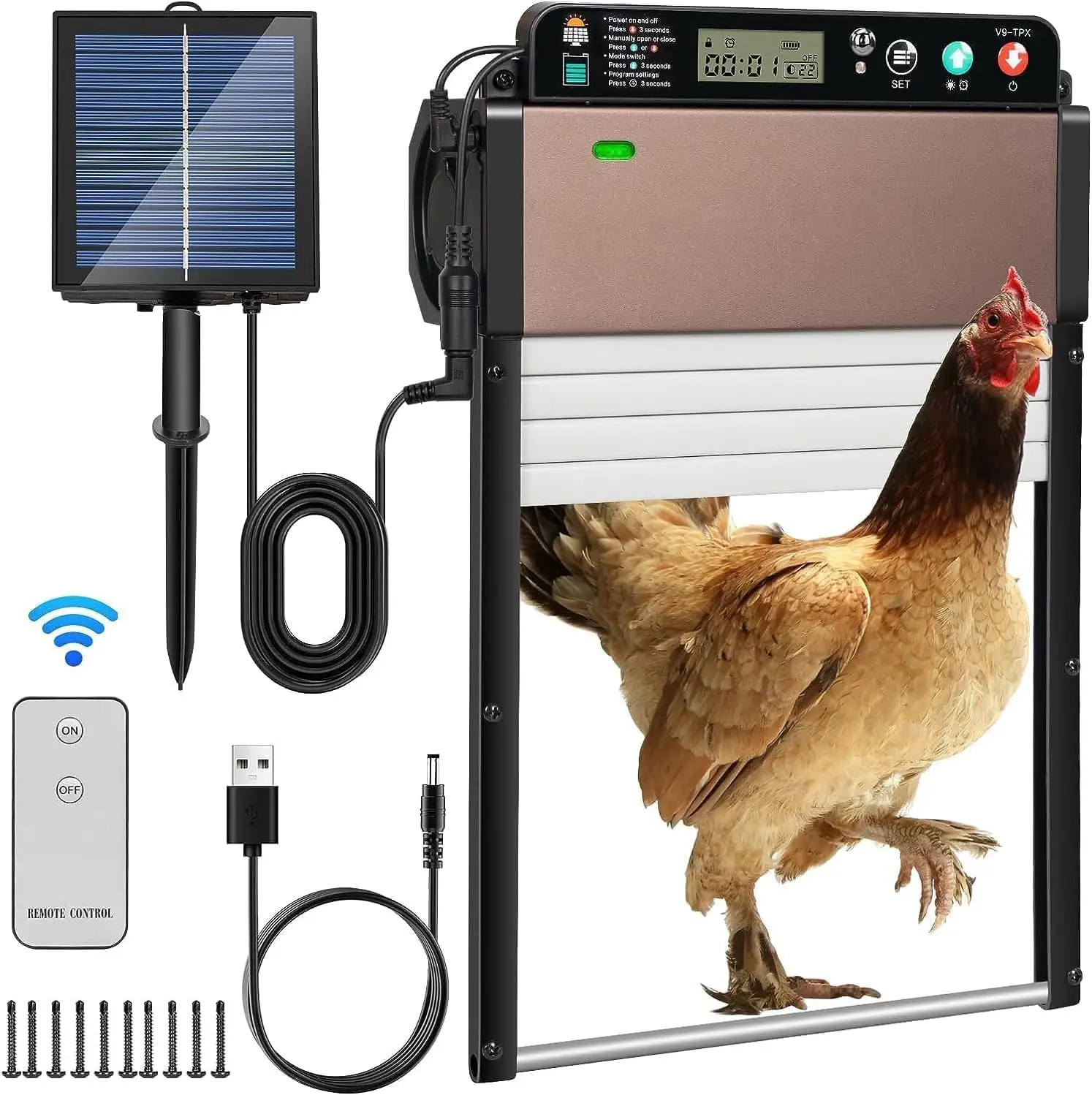 Yee automático gallinero puerta Solar impermeable a prueba de lluvia Sensor de luz gallinero puerta pantalla Anti-pellizco pollo Soor