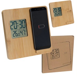 Eco friendly bambù naturale fatto 10W caricatore wireless digitale <span class=keywords><strong>display</strong></span> <span class=keywords><strong>LCD</strong></span> temperatura e umidità orologio da tavolo