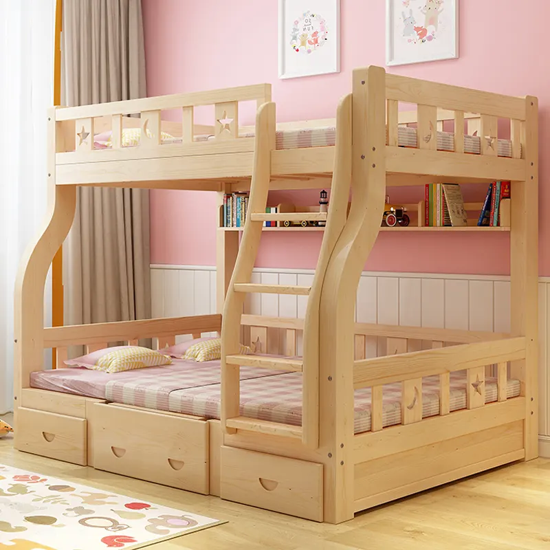 Conjunto de muebles de dormitorio interior de alta calidad para niños, litera doble de madera con cajón de escritorio y tobogán