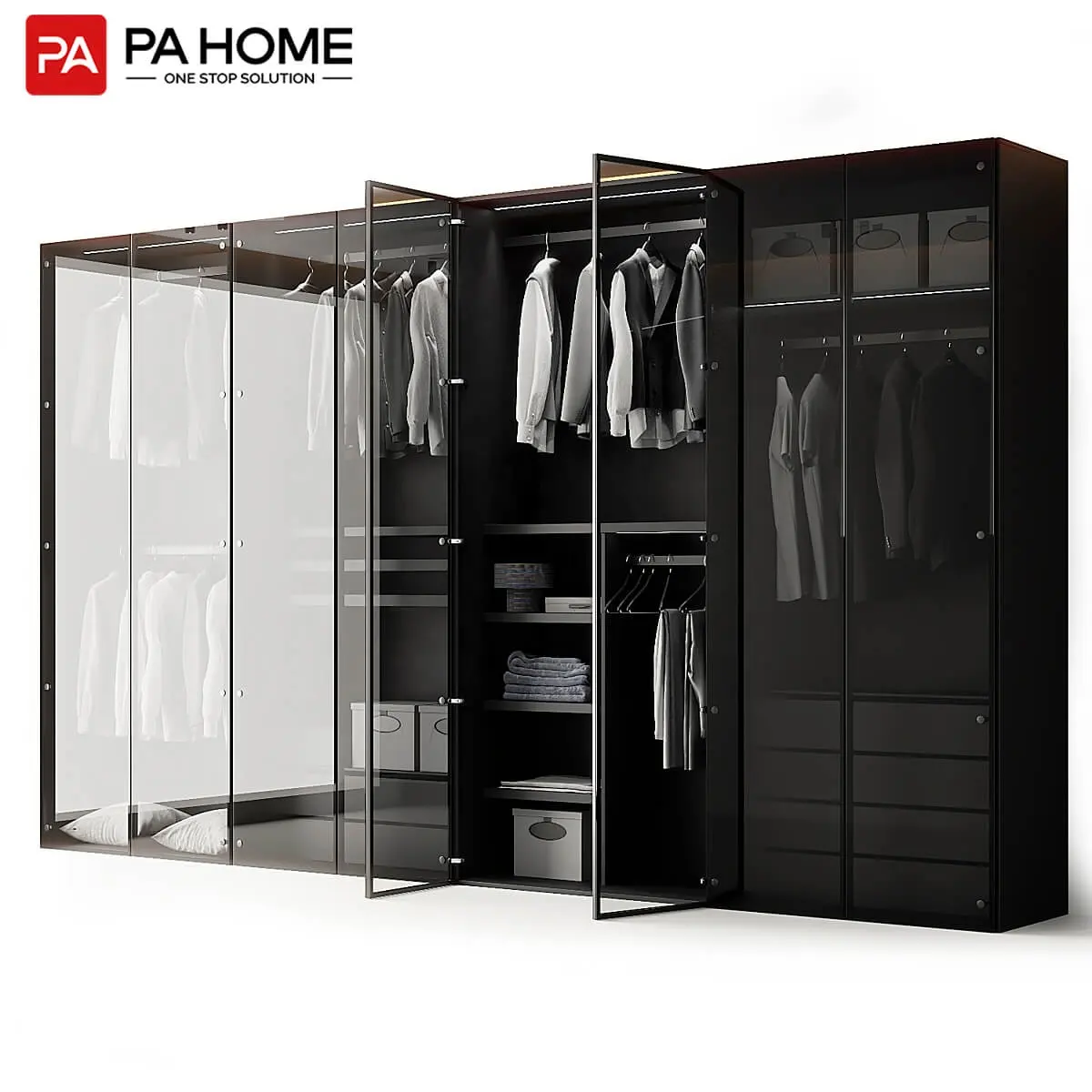 PA muebles de dormitorio metal aluminio vidrio puerta ropa armario negro armario