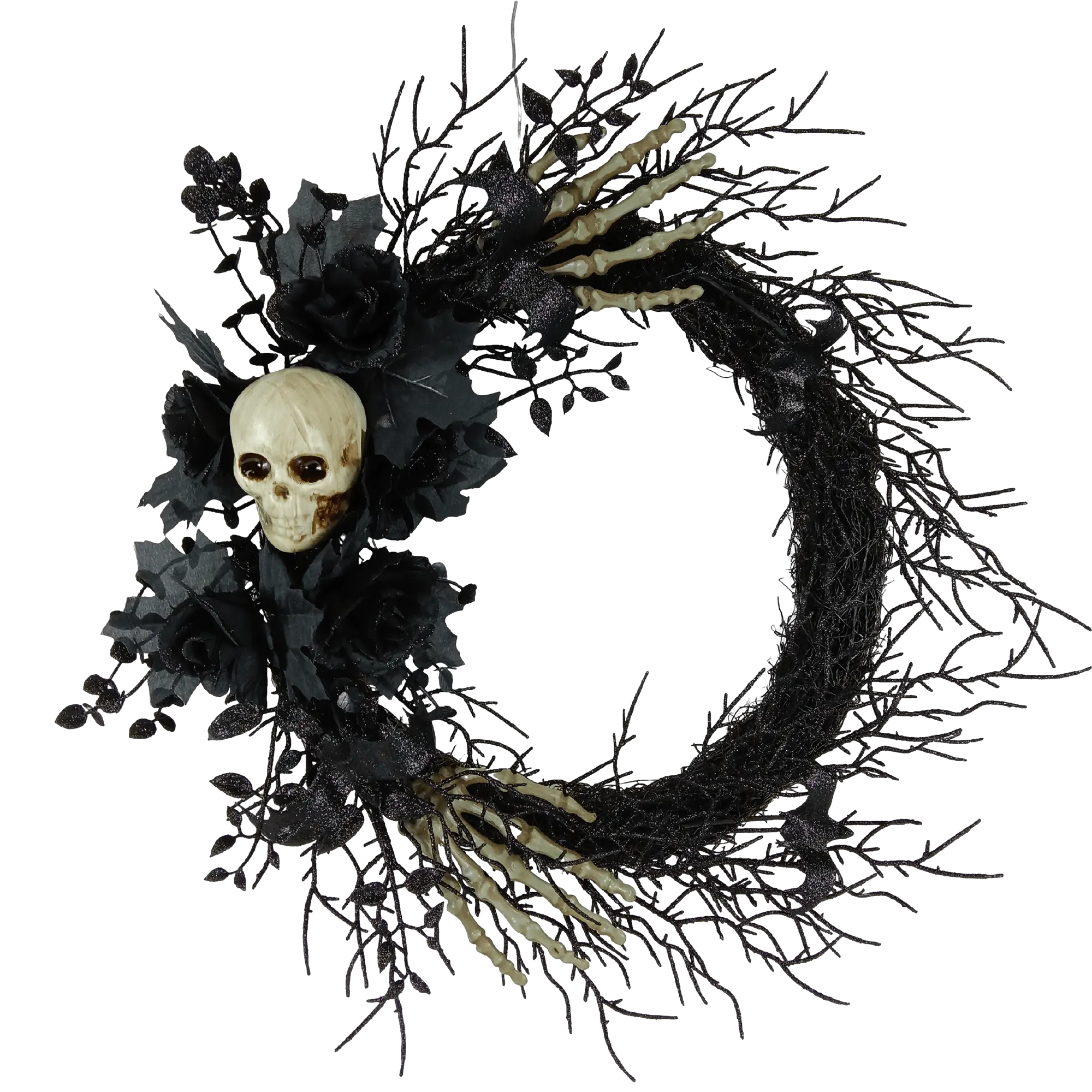 Senmasine 24 pollici decorazione Diy teste di scheletro Glitter a mano rami morti neri rose artificiali foglie di fiori corona di Halloween