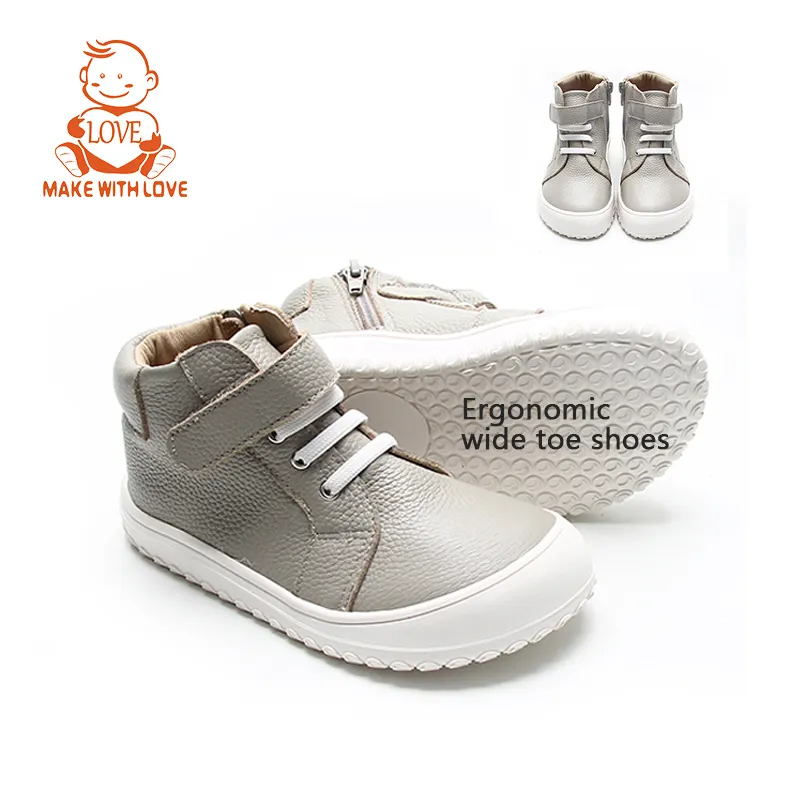 BEIBEIHAPPY patente nueva innovación Unisex niños zapatos ergonómicos de cuero descalzo caja de punta ancha Zapatillas altas