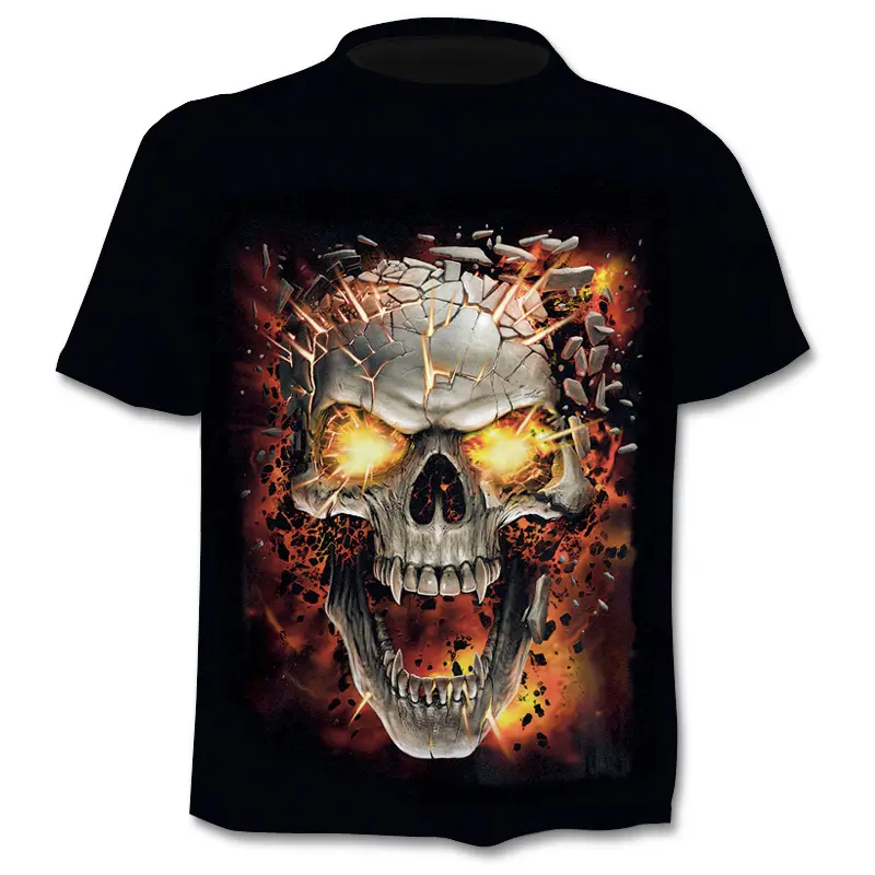 T-shirt da uomo 3D personalizzata nera con stampa teschio moto Outdoor Uv Skull T-shirt a buon mercato con motivo personalizzato per uomo