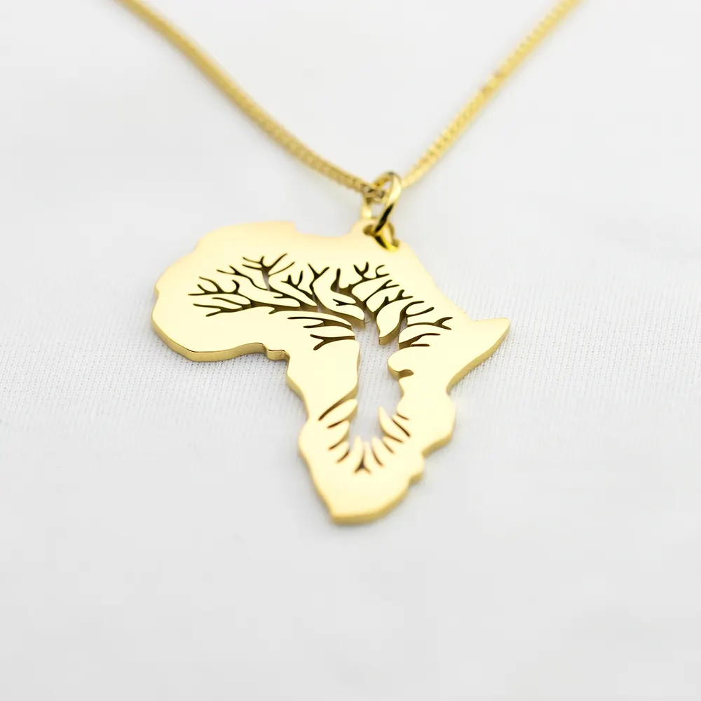 Anniyo — collier avec pendentif en or, bijoux africains pour hommes, carte d'afrique, arbre creux, en acier inoxydable