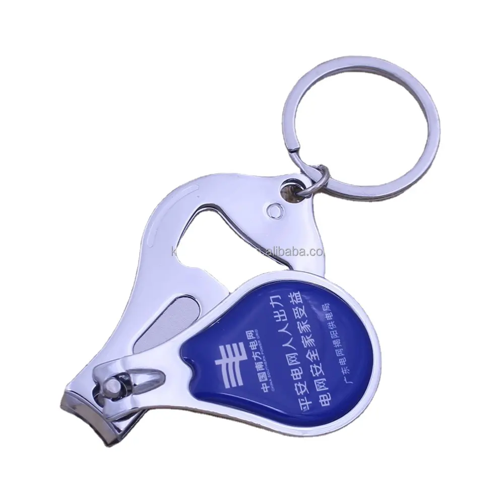 Promotional custom epoxy printing metal nail clipper with bottle opener keychain