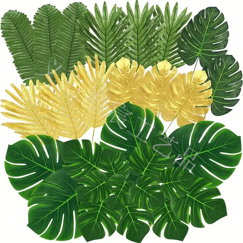 100PCS8種類の熱帯人工ヤシの葉8つの金と緑のジャングルの葉のセットルアウパーティーテーブルの装飾のための偽の葉