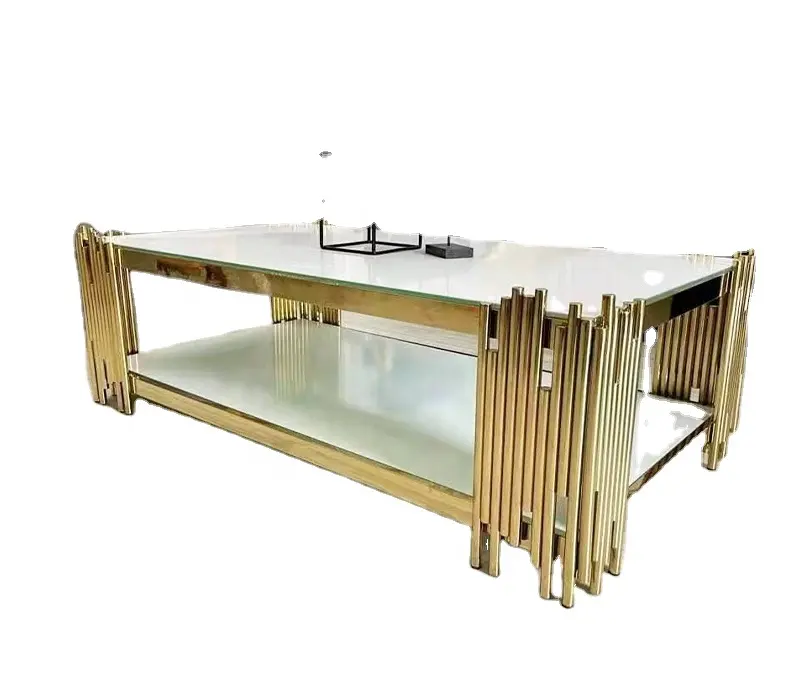 Современный стиль Роскошная гостиная глянцевое золото из нержавеющей стали стеклянный прямоугольный журнальный столик с квадратным боковым столиком набор