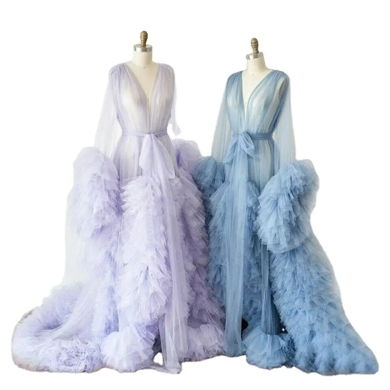 Ruffle Robe Wedding Bridal Fluffy Maxi mang thai chụp ảnh ăn mặc màu xanh lá cây màu hồng đuôi dài nhiếp ảnh vải tuyn thai sản ăn mặc gown