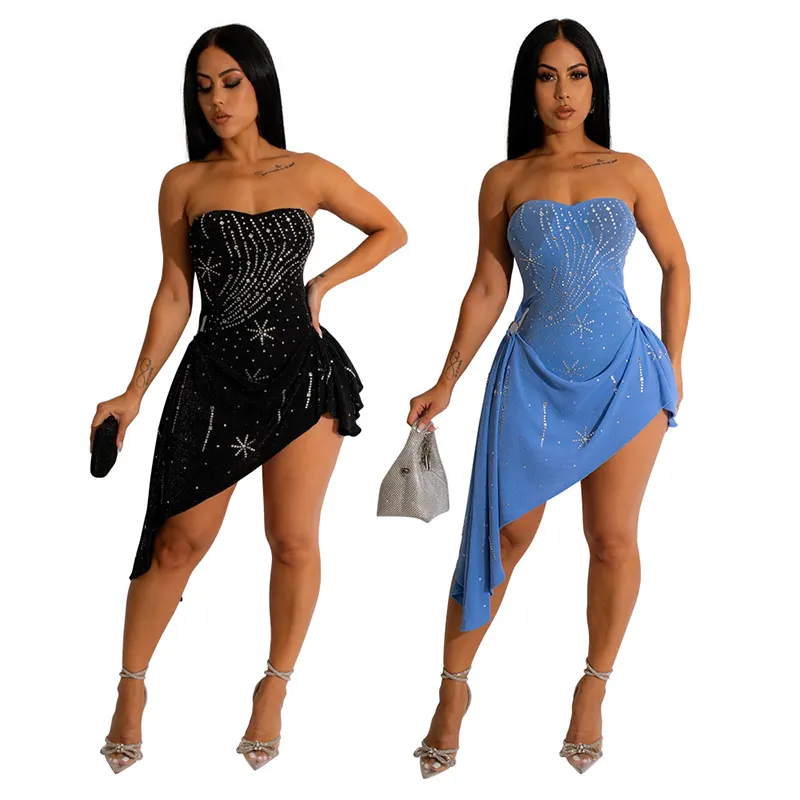 20249707 Women's Clothing Thigh Split Asymmetric Hem Dress Bandeau Off Shoulder Club Dresses
