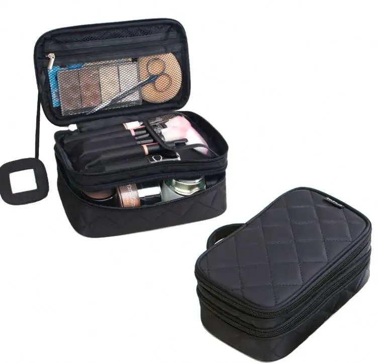 Fashion Double Layer Multi-functional Quilted Makeup Case Cosmetic Bag With Mirror For Women