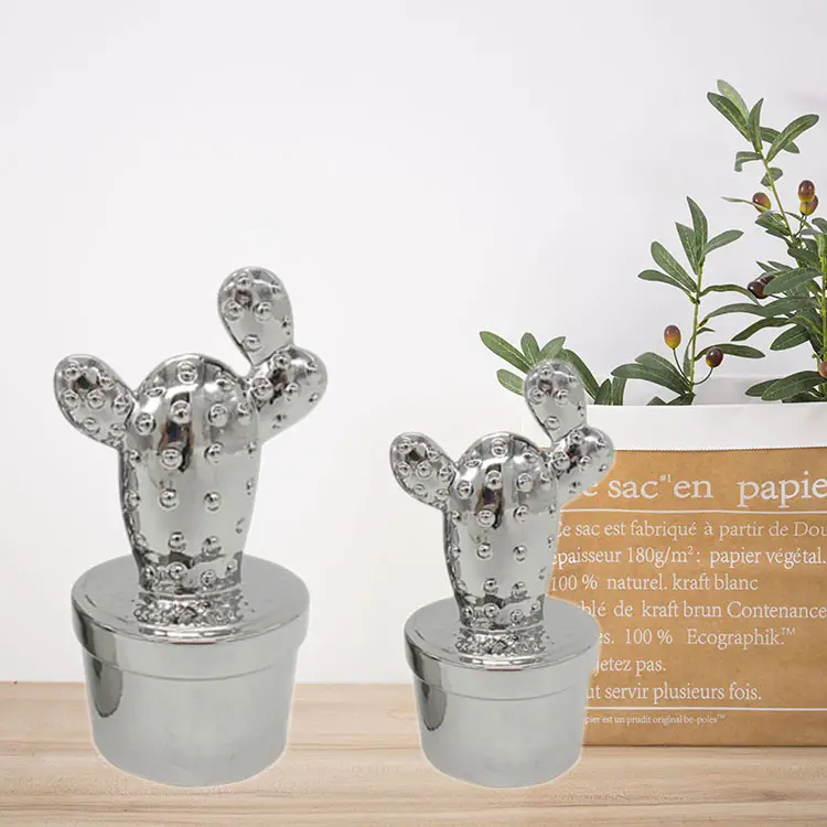 Cacti de cerâmica banhado a prata para decoração de casa e parede de festas, mini coletor de presentes