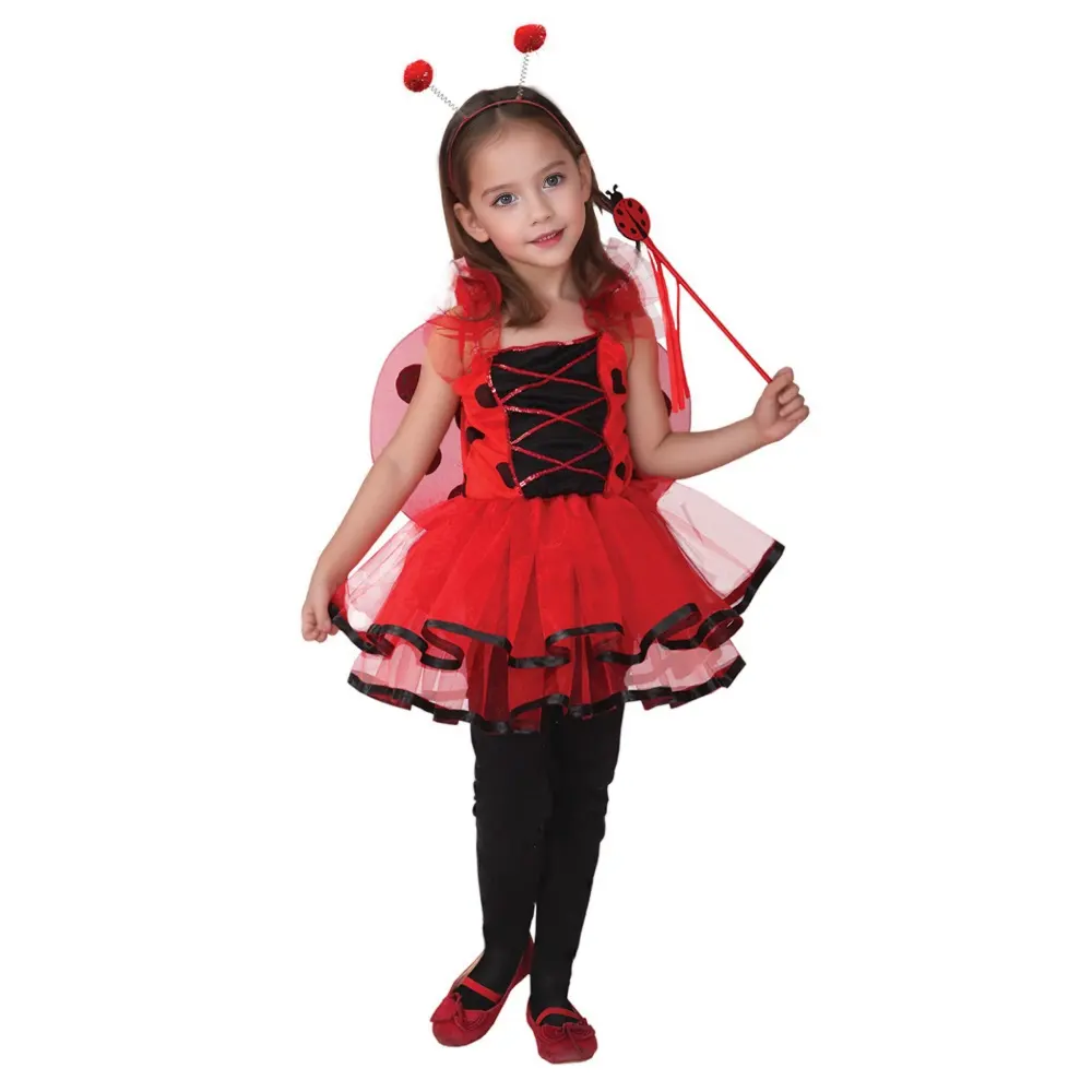Vestido popular para meninas Halloween joaninha com asas e varinha mágica para crianças performance de joaninha