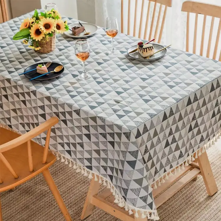 Niedliche Dreieck Muster Baumwolle Leinen Stoff Nähen Quaste Rechteck Tischdecke für Home Decor
