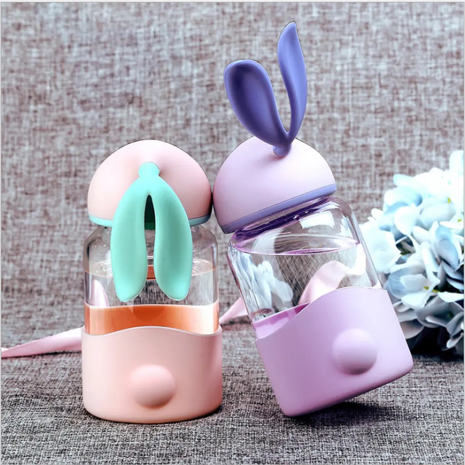 Cute Water Bottle Cartoon Rabbit Glass Bottle com Silicon Sleeve para Kids Student Girls Portable Drink Tea Bottle