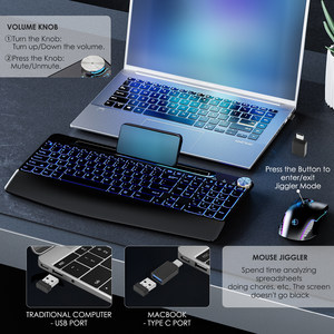 Teclado y ratón inalámbricos de 2,4G, teclado recargable con reposamuñecas RGB, perilla de volumen de ratón jiggler iluminada de tamaño completo - Product Image 4