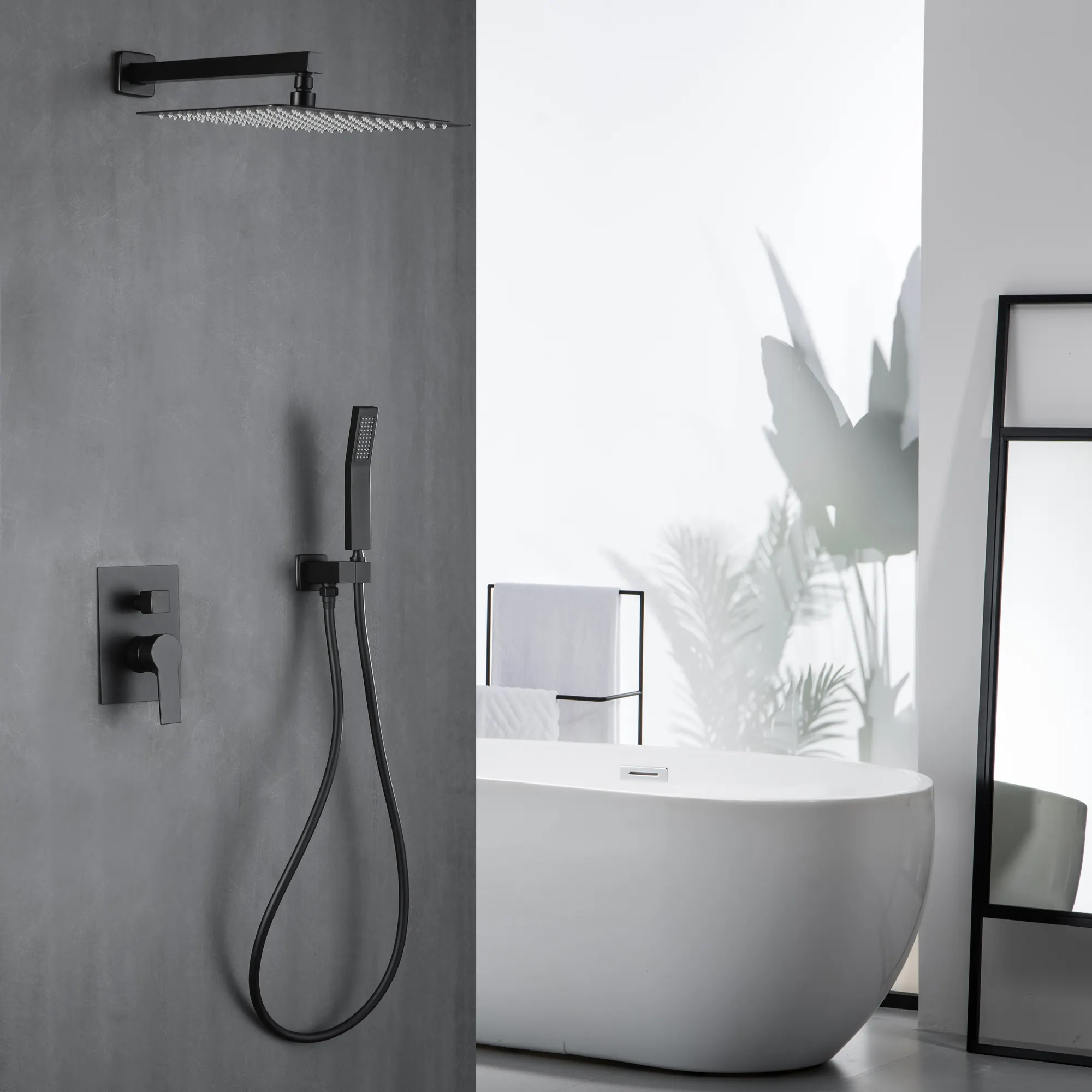 Sistema di doccia per soffione doccia a pioggia termostatico a cascata per bagno nero opaco con soffione portatile