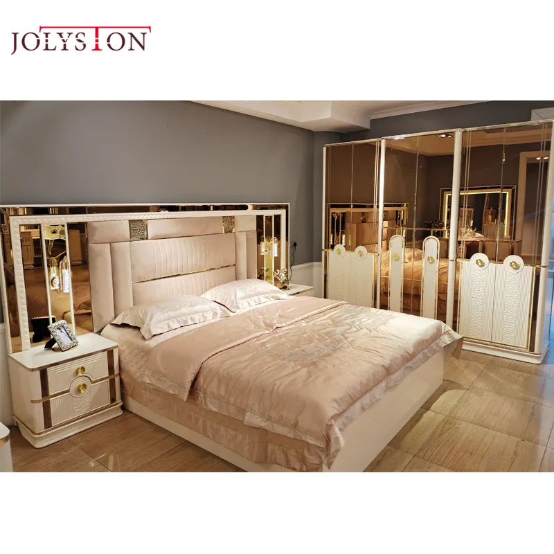 Royal Italian Luxury Queen Set Espejo Cama de madera clásica Espejo completo King Juego de muebles de dormitorio