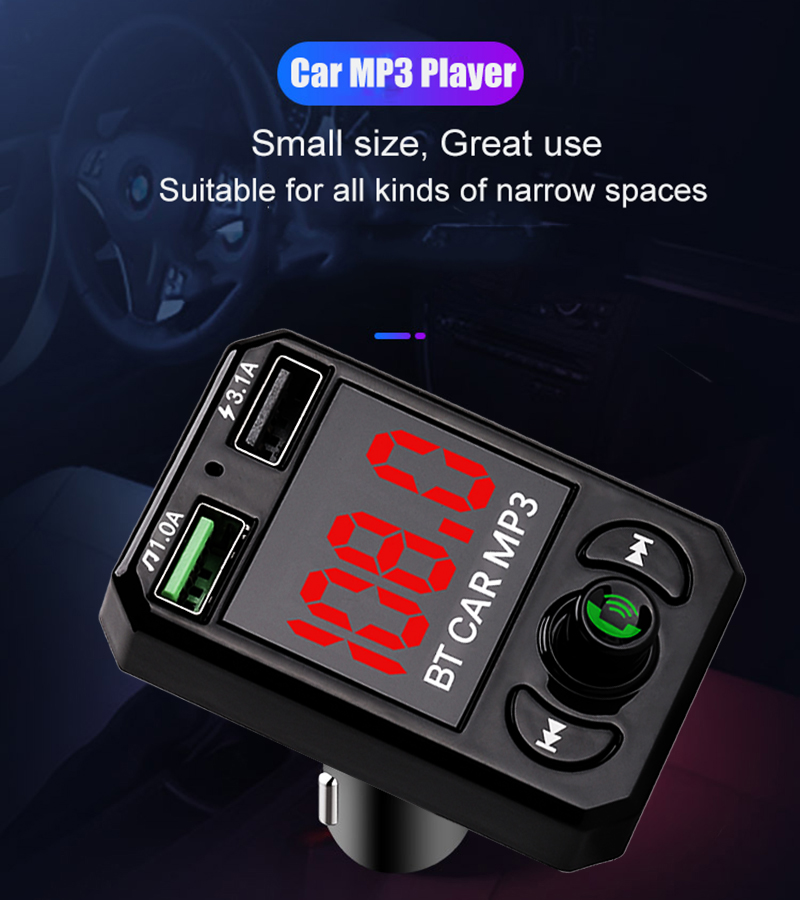 EONLINE In-auto Wireless FM Transmitter Large Screen LED display 3.1A Fast Charging TF U Disk Car Mp3 Player Handsfree Kit
