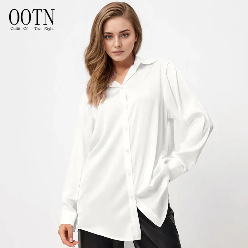 Blusas formales de gasa OOTN para oficinas, blusas blancas con botones, Camisa larga informal para mujer, blusas holgadas de manga larga para mujer 2024