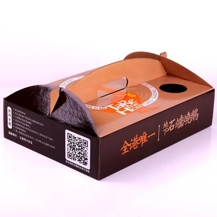 Wholesale Foldable Kraft Paper Takeaway Food Boxes Roast Duck and Goose with Handle for Roast Chicken and Pizza Packaging