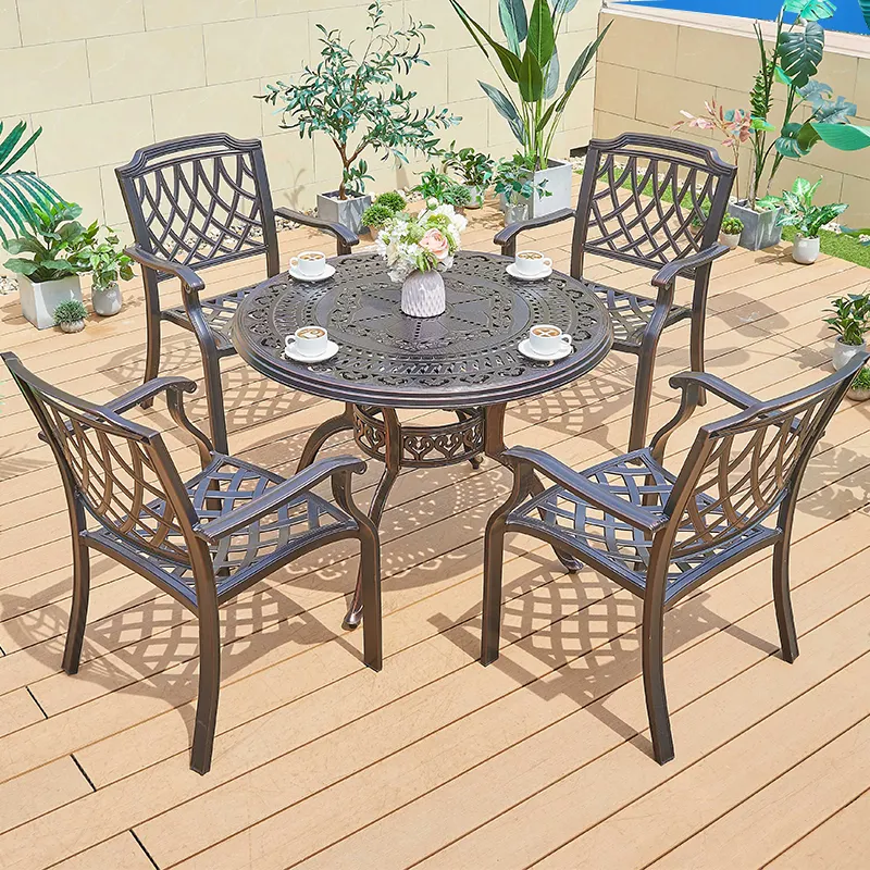 Jue cheng Cafe Restaurant Aluminium Außen terrasse Tisch Stuhl Set Gusseisen Garten tisch und Stühle