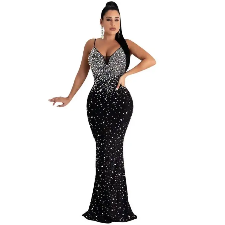 Vestito lungo da donna senza schienale senza maniche con perline di strass Sexy vestito estivo di nuova moda