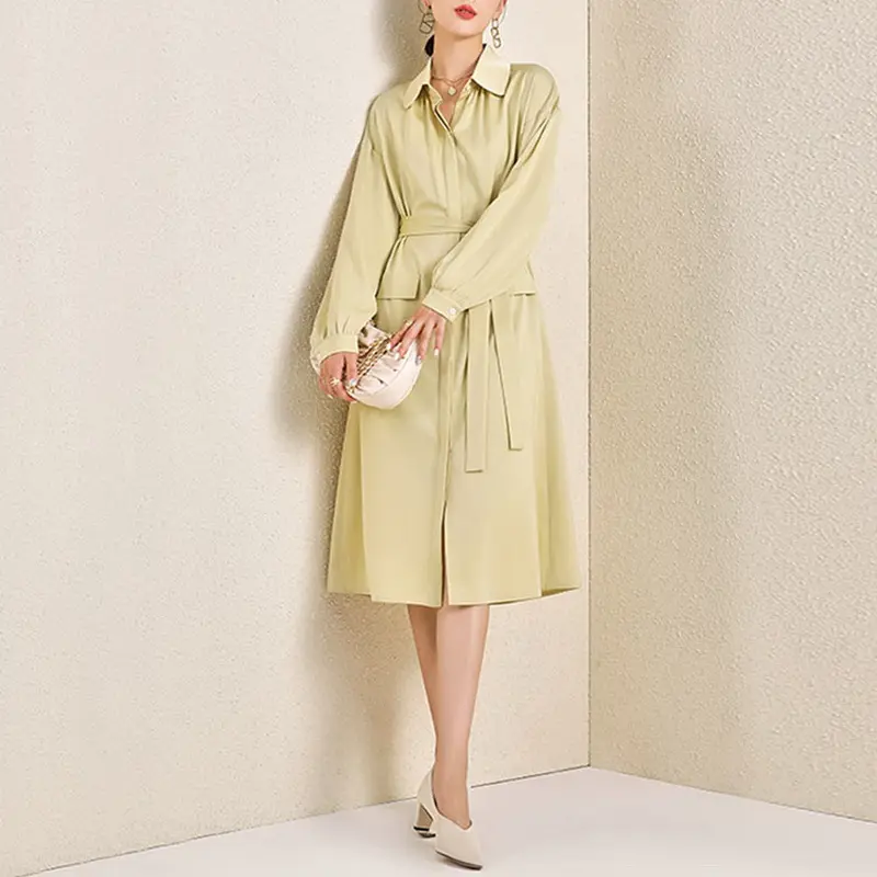 Polyester Casual Solid Color Shirt Kleid Langarm Gürtel Button Design Herbst Gentle Lady Revers Büro Frauen Midi Casual Dress