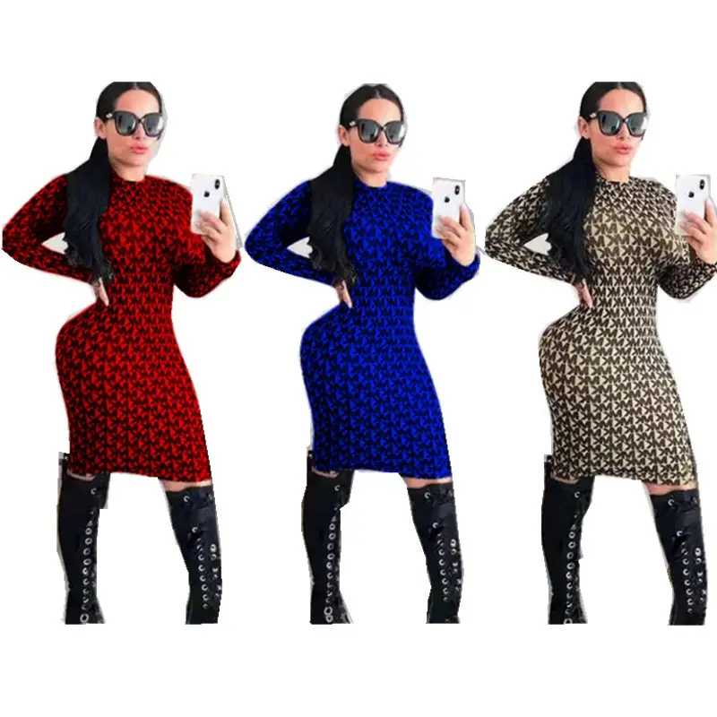 Nueva moda último diseño estampado otoño ropa mujer Otoño Invierno señora fiesta Midi manga larga Club vestido