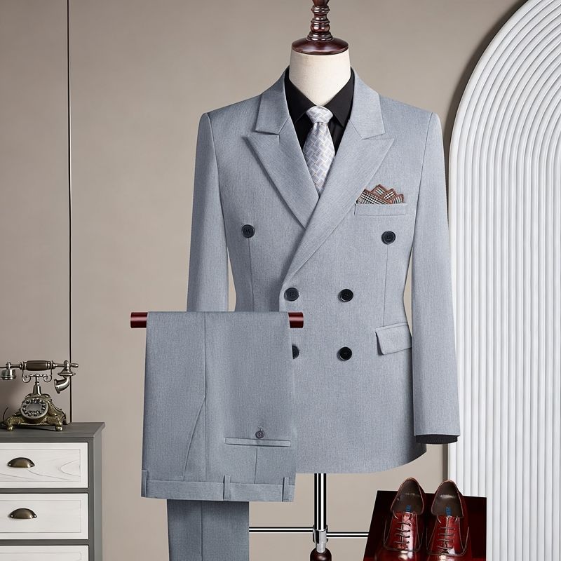 Light gray double breasted two piece suit-suit trousers