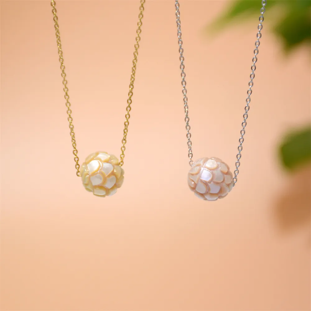 12mm forma rotonda vera perla d'acqua dolce intagliata pelle di sirena perle naturali coltivate pigna gioielli collana in argento dorato