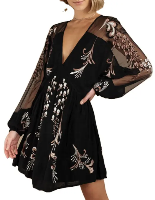 Belle mini robe brodée en maille noire pour femmes, avec manches à bulles, ST1286,