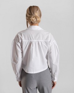 休闲时尚翻领长袖素色白色短棉女式衬衫