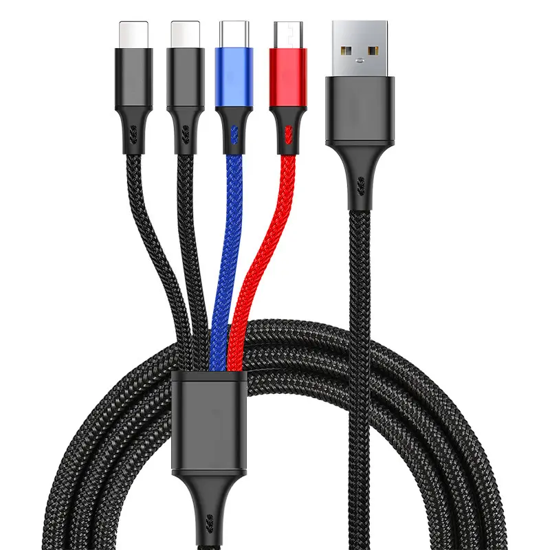 범용 USB 데이터 케이블 4 in 1 고속 충전 나일론 꼰 전화 충전기 라인 8 핀/USB C/마이크로 멀티 4 in 1 USB 충전기 캡