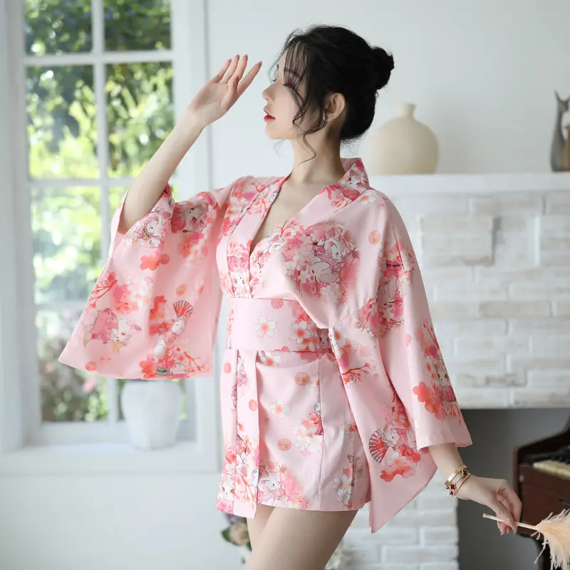 Kimono de cereza con estampado japonés, ropa interior Sexy para mujer
