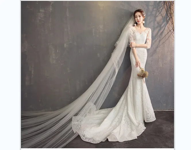 Vestido de casamento, francês de alta qualidade manga comprida rabo de peixe novo 2023 pequena cauda fina fio principal simples temperamento noiva