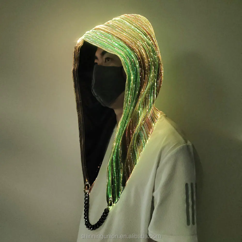 حرق رجل مهرجان ازياء-LED الألياف البصرية النسيج تضيء هود الملابس-مضيئة الأسد ملابس رقص الهذيان القلنسوات الدعائم