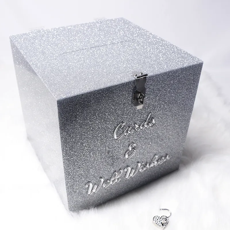 Nuova scatola di carte di nozze in argento Glitter acrilico personalizzato con fessura matrimonio che desidera bene scatola di raccolta di biglietti di auguri con serratura