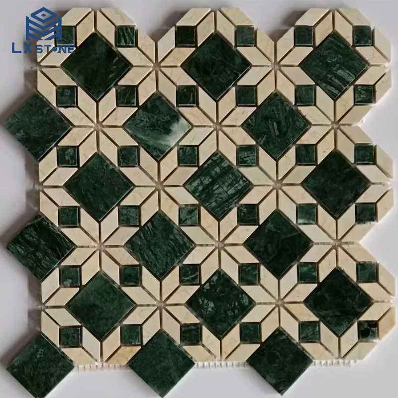 Cocina moderna Backsplash mármol verde indio pulido mármol beige azulejo de pared mármol piedra mosaico proveedor