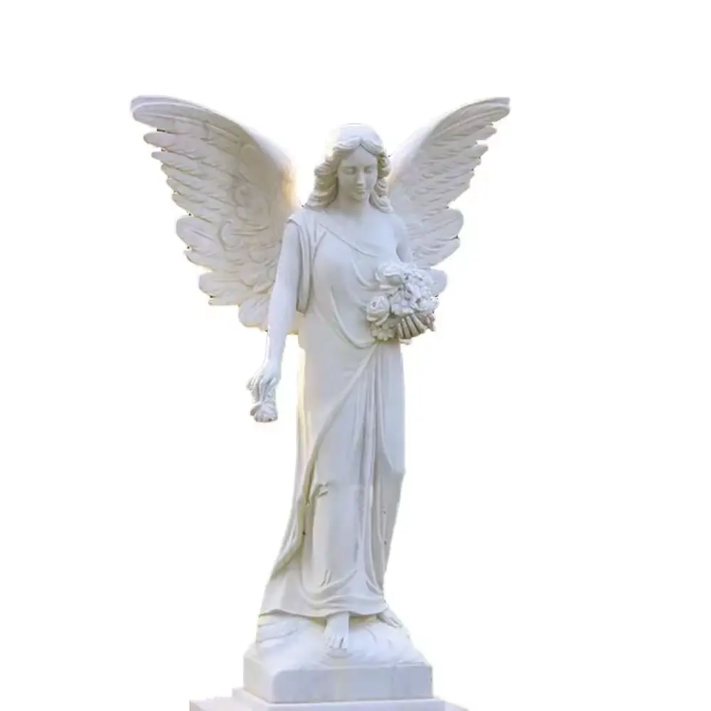 Shengye hand carved an angel statue with wings and a basket of flowers natural marble custom design high quality