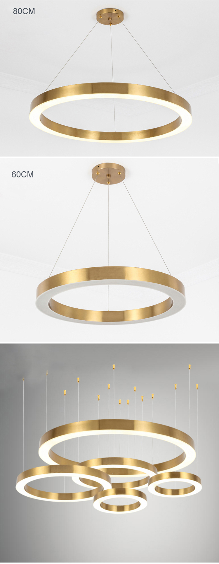 BLUEKING custom Luxury royal modern decorative villa stainless steel round led ring chandelier gold staircase hanging light