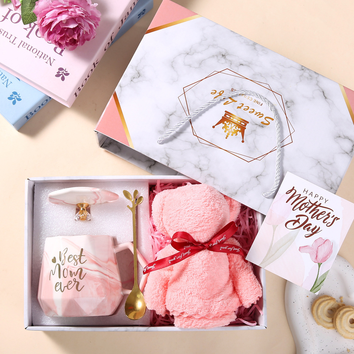 tasse couvercle cuillère serviette ours coffret cadeau-mère pierre rose