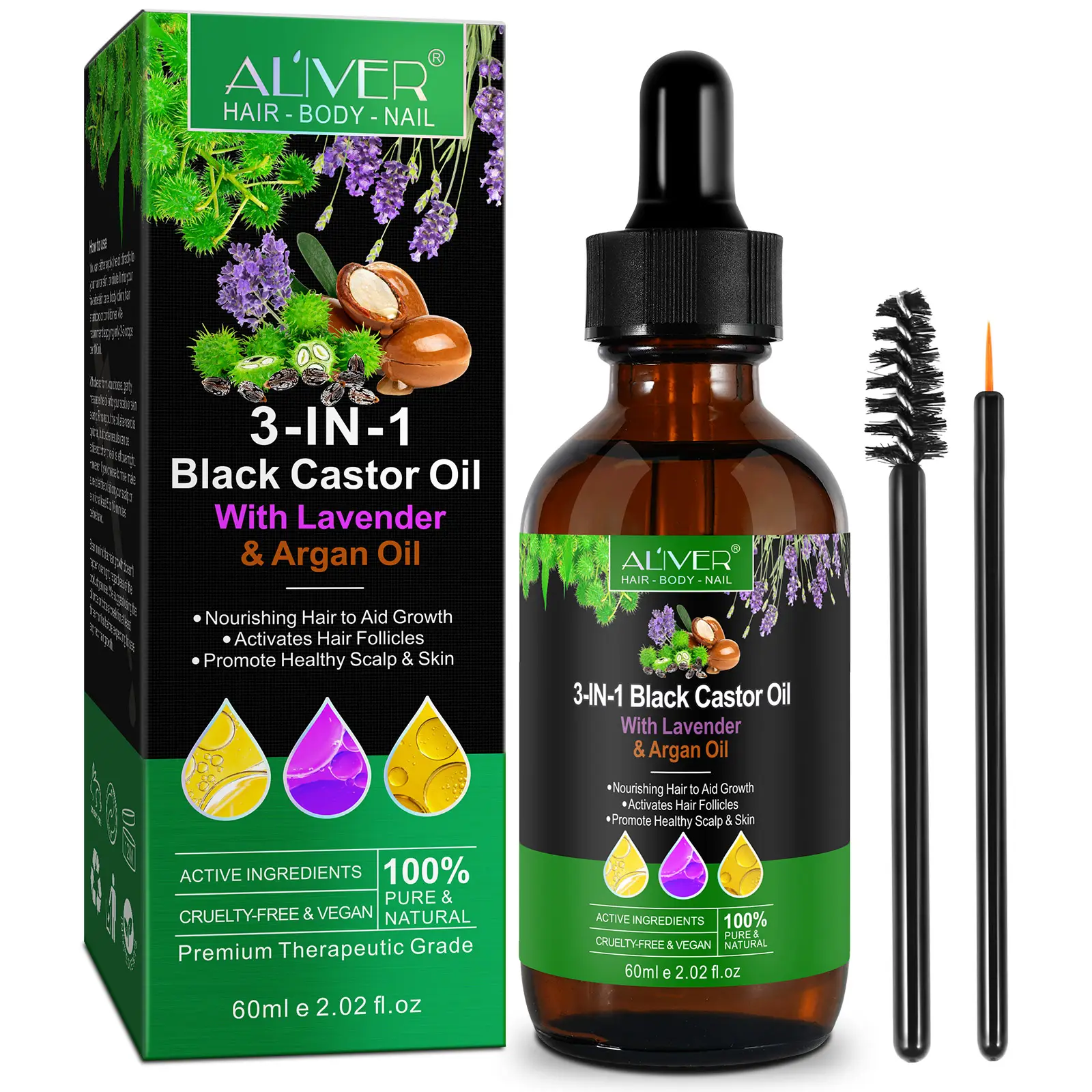 Aliver 60Ml Puur Natuurlijke Huid Haarverzorgingsproduct 3 In 1 Zwarte Ricinusolie Voor Haargroei Voedend Met Lavendelolie Arganolie